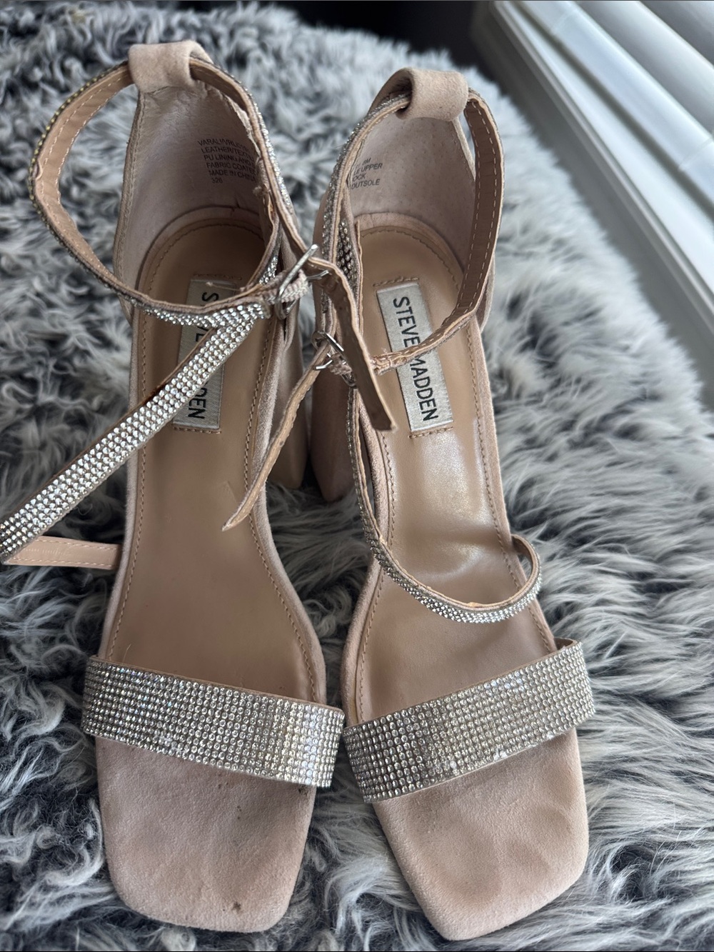Steve Madden Blush Nude Rhinestone Ankle-Strap Block Heels